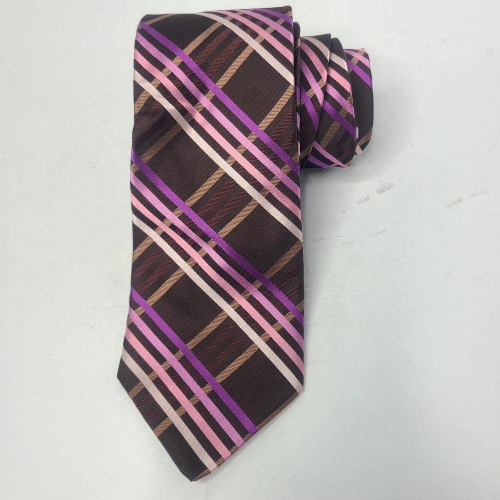 Ted Baker London Brown Pink Purple Criss Cross Striped Silk USA Mens Neck‎ Tie